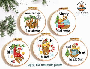 Lazy Christmas sloth modern cross stitch pattern set