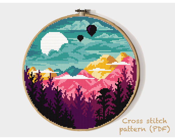 Landscape Modern Cross Stitch Pattern, mountains , instant PDF