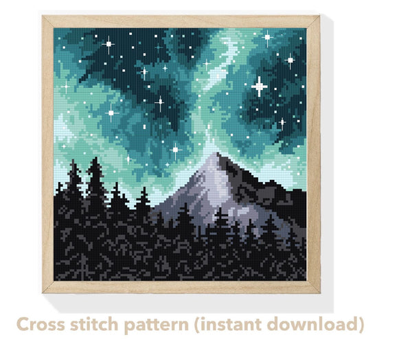 Landscape Modern Cross Stitch Pattern, night sky, mountain, forest, instant download PDF