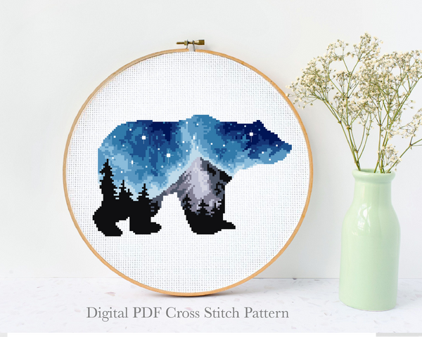 Bear Cross Stitch Pattern, animals ,forest, mountains, instant PDF