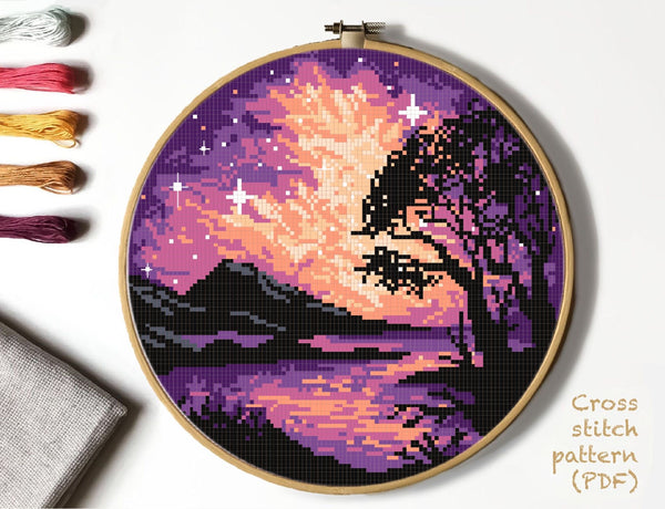 Night sky Modern Cross Stitch Pattern, river, instant download PDF