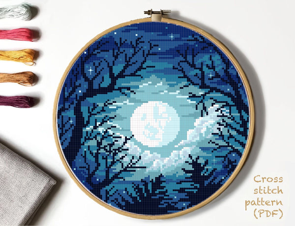 Night sky Modern Cross Stitch Pattern, moon, instant download PDF