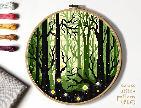 Night forest Modern Cross Stitch Pattern, fireflies, instant download PDF