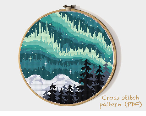 Northern lights Modern Cross Stitch Pattern, mountains, forest, instant download PDF