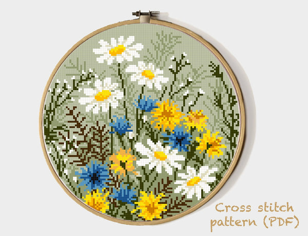 Flowers  Modern Cross Stitch Pattern, instant download pdf.