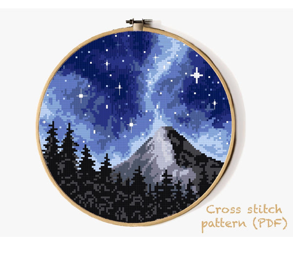 Night Landscape Modern Cross Stitch Pattern, mountain, forest, INSTANT DOWNLOAD PDF