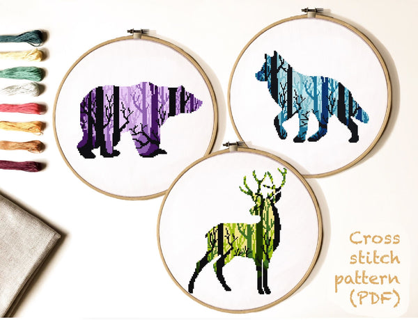 Animal silhouette Cross Stitch Pattern, wolf, bear, deer, instant download PDF