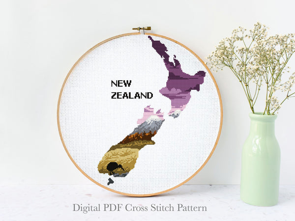 New Zealand silhouette Modern Cross Stitch Pattern, country, instant download pdf