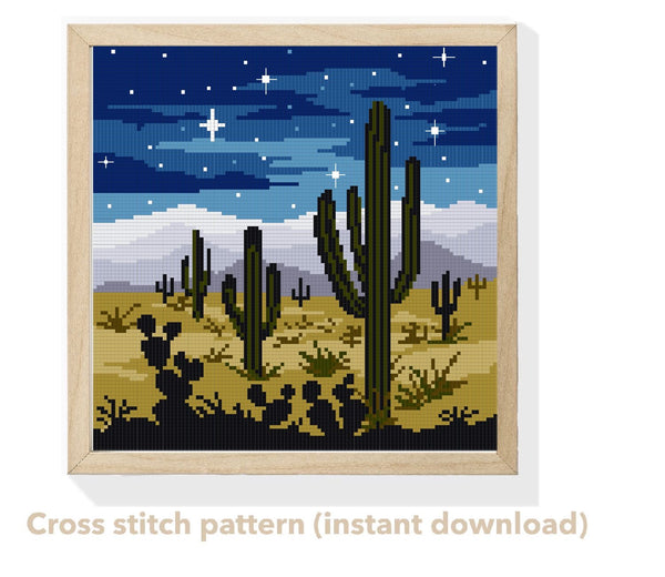 Saguaro National park Modern Cross Stitch Pattern, night sky, cactus, instant download PDF