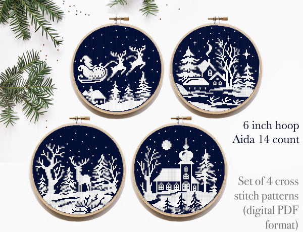 Set of 4 Winter landscapes Modern Cross Stitch Pattern, Christmas, instant download pdf