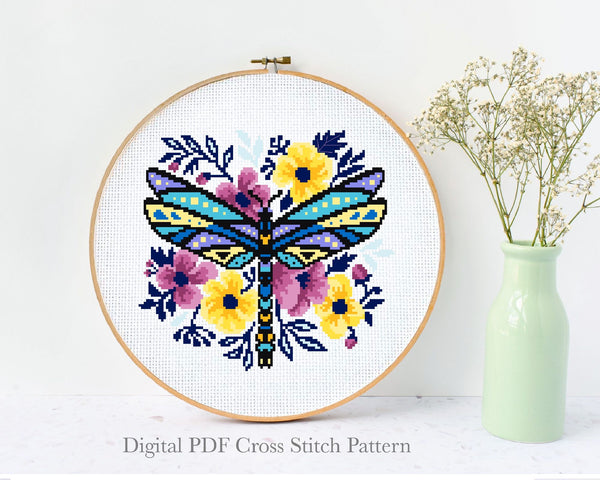 Floral Butterfly Modern Cross Stitch Pattern, Insect, Flower