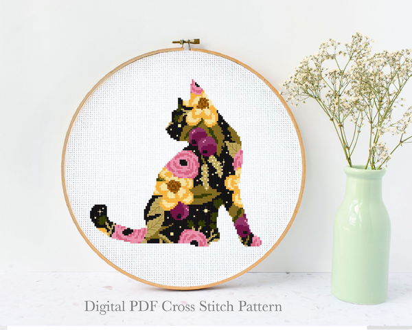 Cat silhouette Cross Stitch Pattern, flowers,  animal, instant download PDF