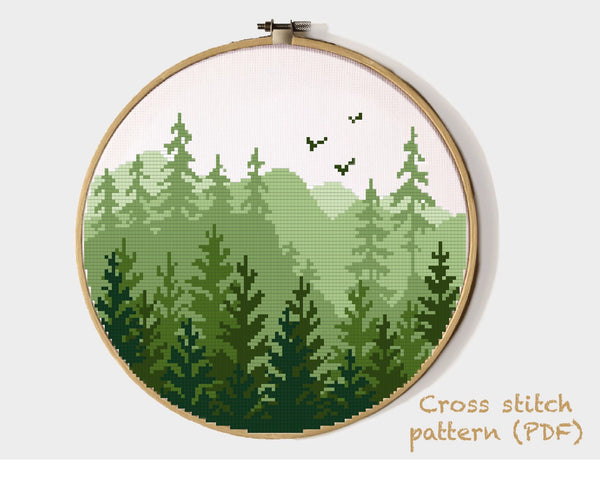 Landscape Modern Cross Stitch Pattern, forest, mountains ,instant PDF