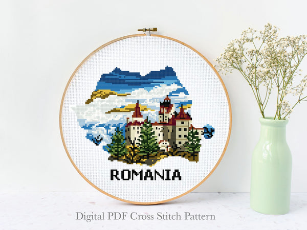 Silhouette Romania Modern Cross Stitch Pattern, country, castle, instant download PDF