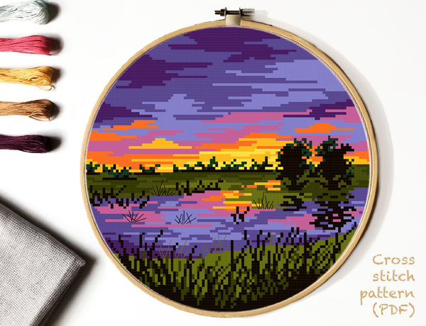 Everglades National Park Modern Cross Stitch Pattern, Landscape, instant PDF