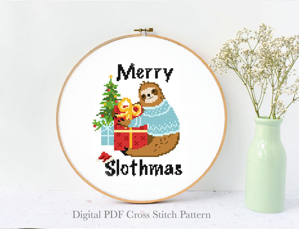 Christmas sloth Modern Cross Stitch Pattern, quote, holiday, instant pdf