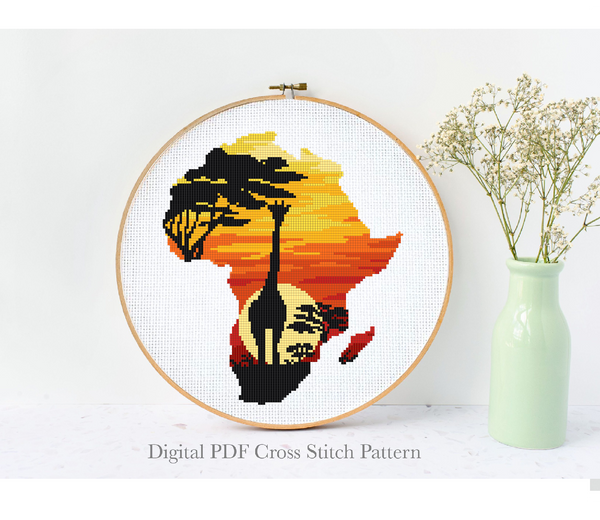 Africa silhouette Modern Cross Stitch Pattern, giraffe, sunset, landscape, instant PDF