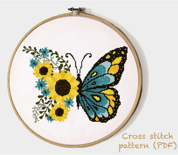 Floral butterfly Modern Cross Stitch Pattern, insect, flower, Instant download PDF