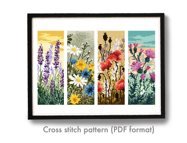 Set of 4 bookmarks Modern Cross Stitch Pattern, flowers, instant download PDF