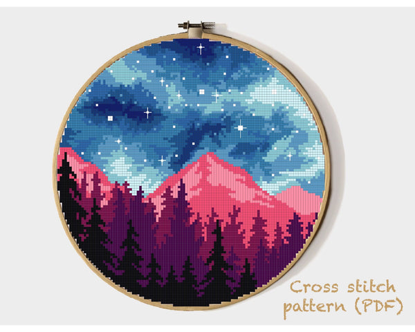 Landscape Modern Cross Stitch Pattern, night sky, mountain, forest, instant download PDF