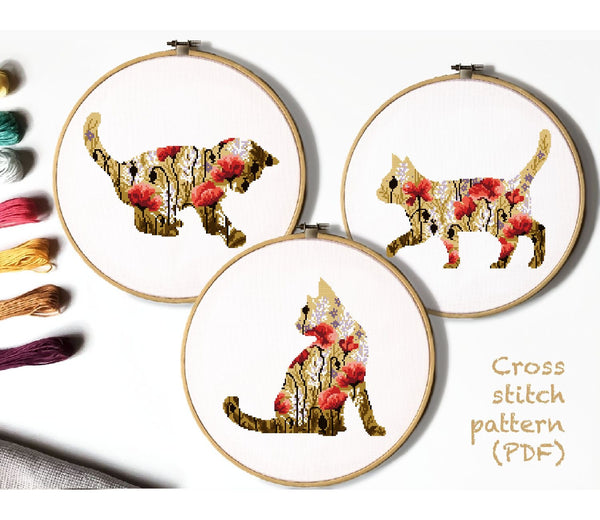 Set of 3 silhouettes cats Modern Cross Stitch Pattern, animals, instant download PDF