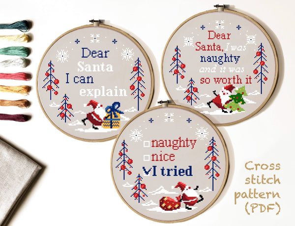 Set of 3 Christmas Santa Modern Cross Stitch Pattern, quote, instant download pdf