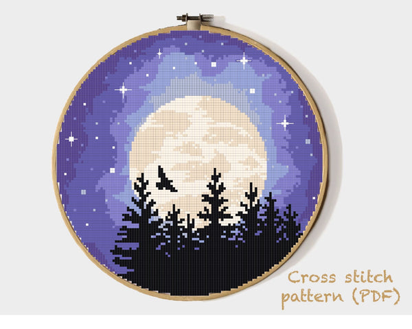 Landscape  Cross Stitch Pattern,  moon, starry sky, INSTANT DOWNLOAD PDF