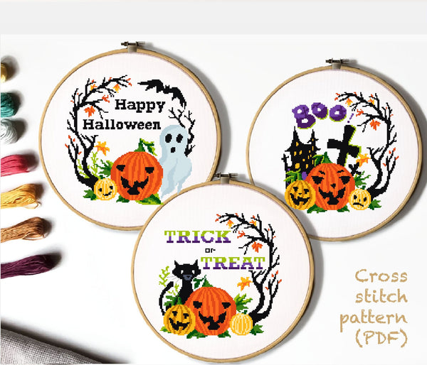 Set of 3 Halloween  Modern Cross Stitch Pattern, cat, pumpkin ,INSTANT DOWNLOAD PDF