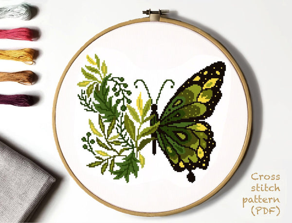 Butterfly Floral Modern Cross Stitch Pattern, leaves, Instant download PDF