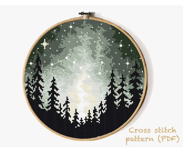 Landscape Modern Cross Stitch Pattern, forest, starry sky, instant PDF