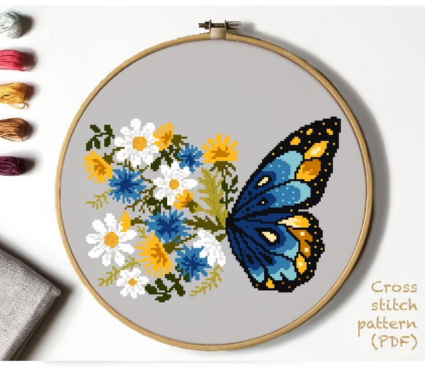 Floral butterfly Modern Cross Stitch Pattern, Instant download PDF