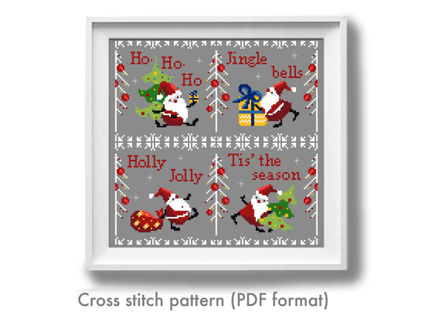 Set of 4 Christmas Santa Modern Cross Stitch Pattern, quote, instant download pdf