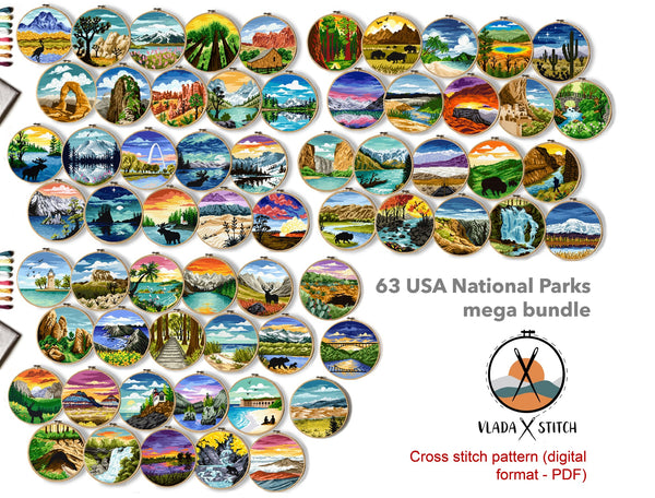 Set of 63 National parks Modern Cross Stitch Pattern, nature, instant download pdf.