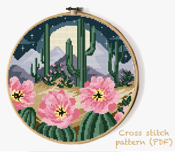 Cactus Modern Cross Stitch Pattern by vladaXstitch, night landscape, instant download pdf 