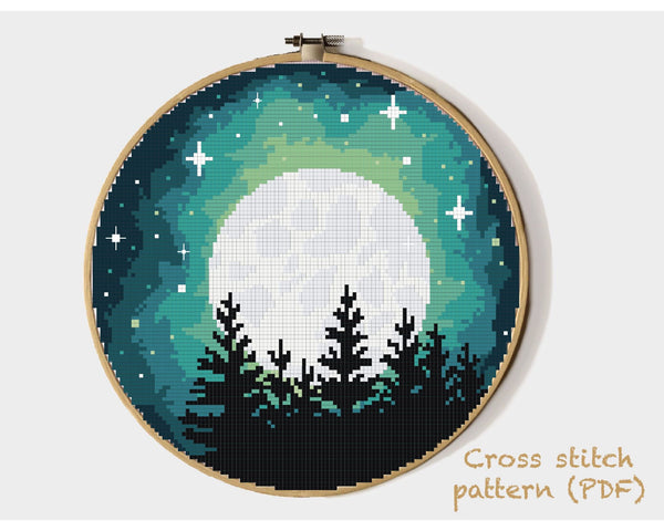 Landscape  Cross Stitch Pattern,  moon, starry sky, INSTANT DOWNLOAD PDF