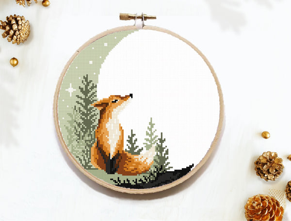 Fox Modern Cross Stitch Pattern, moon, instant download pdf.