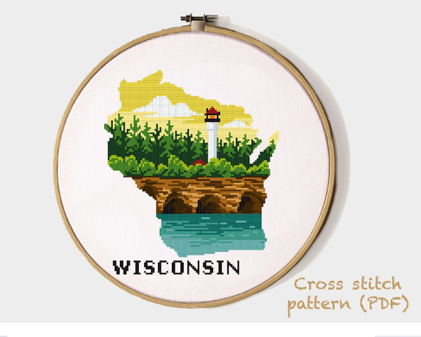 Wisconsin state Modern Cross Stitch Pattern, lighthouse, Apostle Islands National Lakeshore, instant PDF