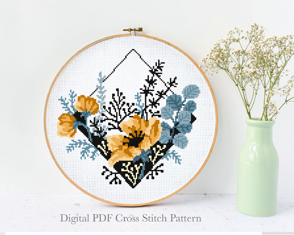 Floral Modern Cross Stitch Pattern, flower, Instant download PDF