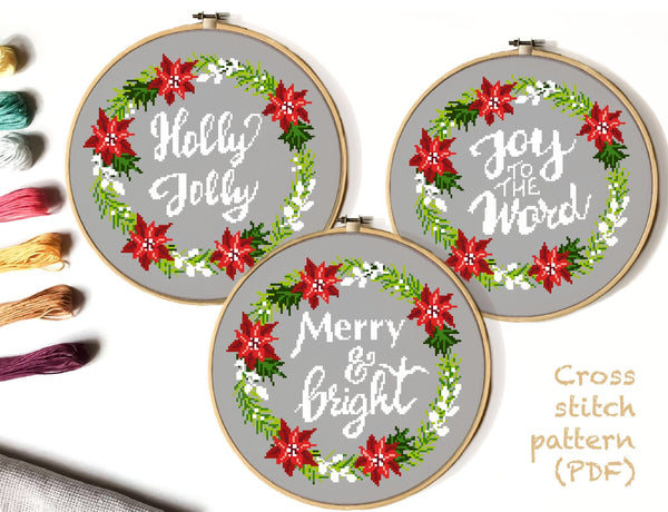 Set of 3 Christmas wreath Modern Cross Stitch Pattern, quote, instant download pdf