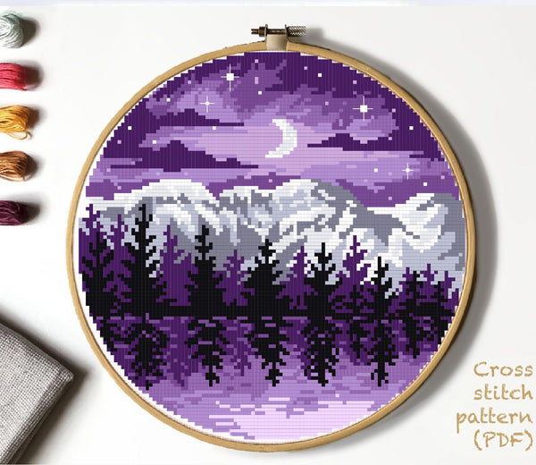 Landscape Modern Cross Stitch Pattern, night sky, mountains, instant download PDF