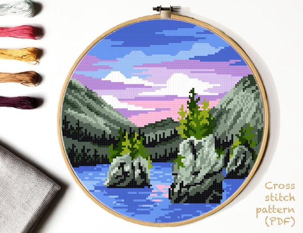 Kenai Fjords National Park Modern Cross Stitch Pattern, Landscape, instant PDF