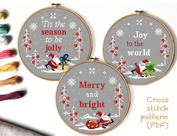 Set of 3 Christmas Santa Modern Cross Stitch Pattern, quote, instant download pdf