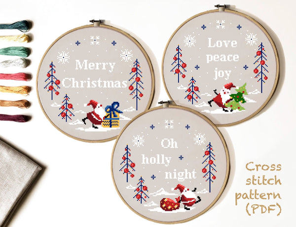 Set of 3 Christmas Santa Modern Cross Stitch Pattern, quote, instant download pdf