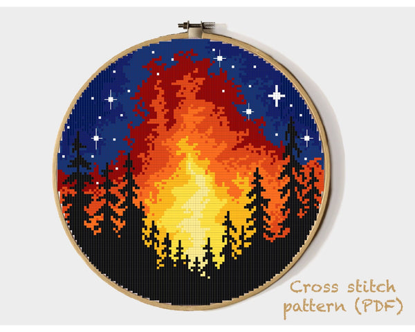 Landscape Modern Cross Stitch Pattern, night sky, forest, instant download PDF