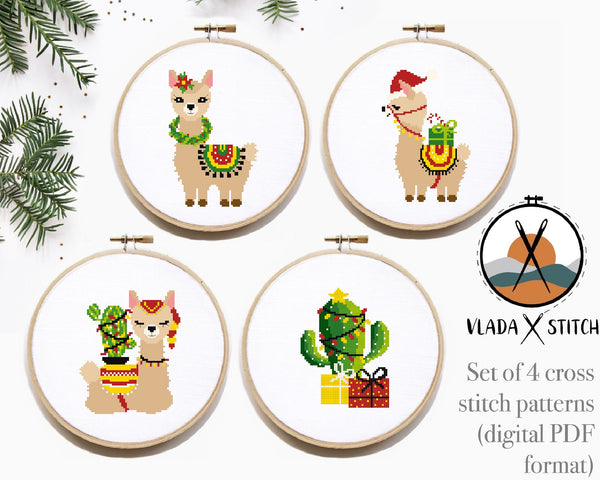 Christmas llamas, cactus  Modern Cross Stitch Pattern,  Instant download PDF