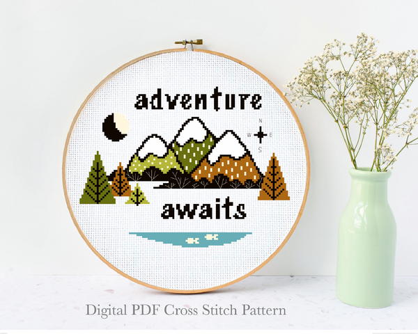 Adventure awaits Cross Stitch Pattern, mountains, forest, instant PDF