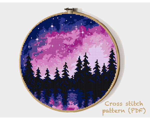 Landscape Modern Cross Stitch Pattern, night sky, forest, instant download PDF