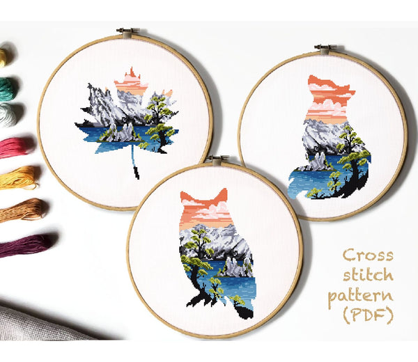 Animal silhouette Cross Stitch Pattern, fox, owl, mountains, instant download PDF, by VladaXstitch 