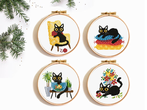 Set of 4 cats Modern Cross Stitch Pattern, flower, animal, instant pdf