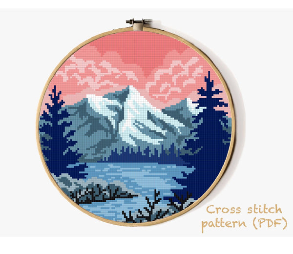 Mountains Modern Cross Stitch Pattern, river, instant download PDF